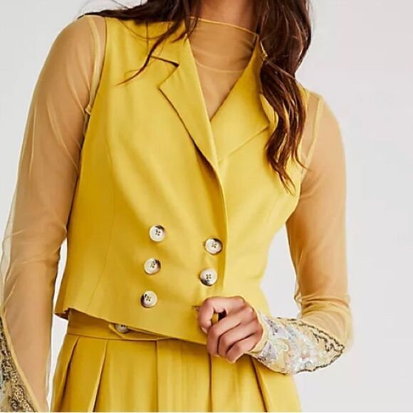 NWT Free People Gabbie Vest Suit Tuxedo Cropped Tailored Slim Collared Mustard - Picture 5 of 16